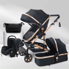 3 în 1 Sistem de călătorie pentru copii Cărucior Pram în lux negru și auriu cu scaun de călătorie și sac Pram Ofertă promoțională