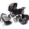 Passeggino 3 in 1 Urban Style Passeggino Buggy Carrozzina da viaggio per bambini con seggiolino auto in nero con motivi colorati