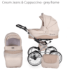 Cochecito de bebé 3 en 1, sistema de viaje, silla de coche, silla de paseo desde el nacimiento para niñas y niños en color crema, vaqueros y capuchino.