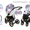 Cărucior pentru bebeluși 3 în 1 cu sistem de călătorie ușor, bază Isofix cu ananas colorat, cadru auriu
