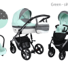 Baby Pram 3in1 Lightweight Travel System Pushchair Isofix base in green silver frame