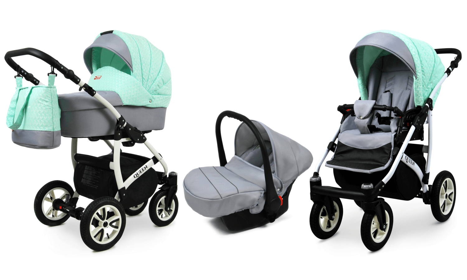 3 in1 Travel Set Folding Classic Baby Pram in Light Green – Image 2