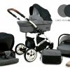 Kinderwagen ab Geburt, Buggy, 3-in-1-Reisesystem für Jungen und Mädchen mit ISOFIX-Basis – Graues Flexkabel, schwarz-weißes Gestell