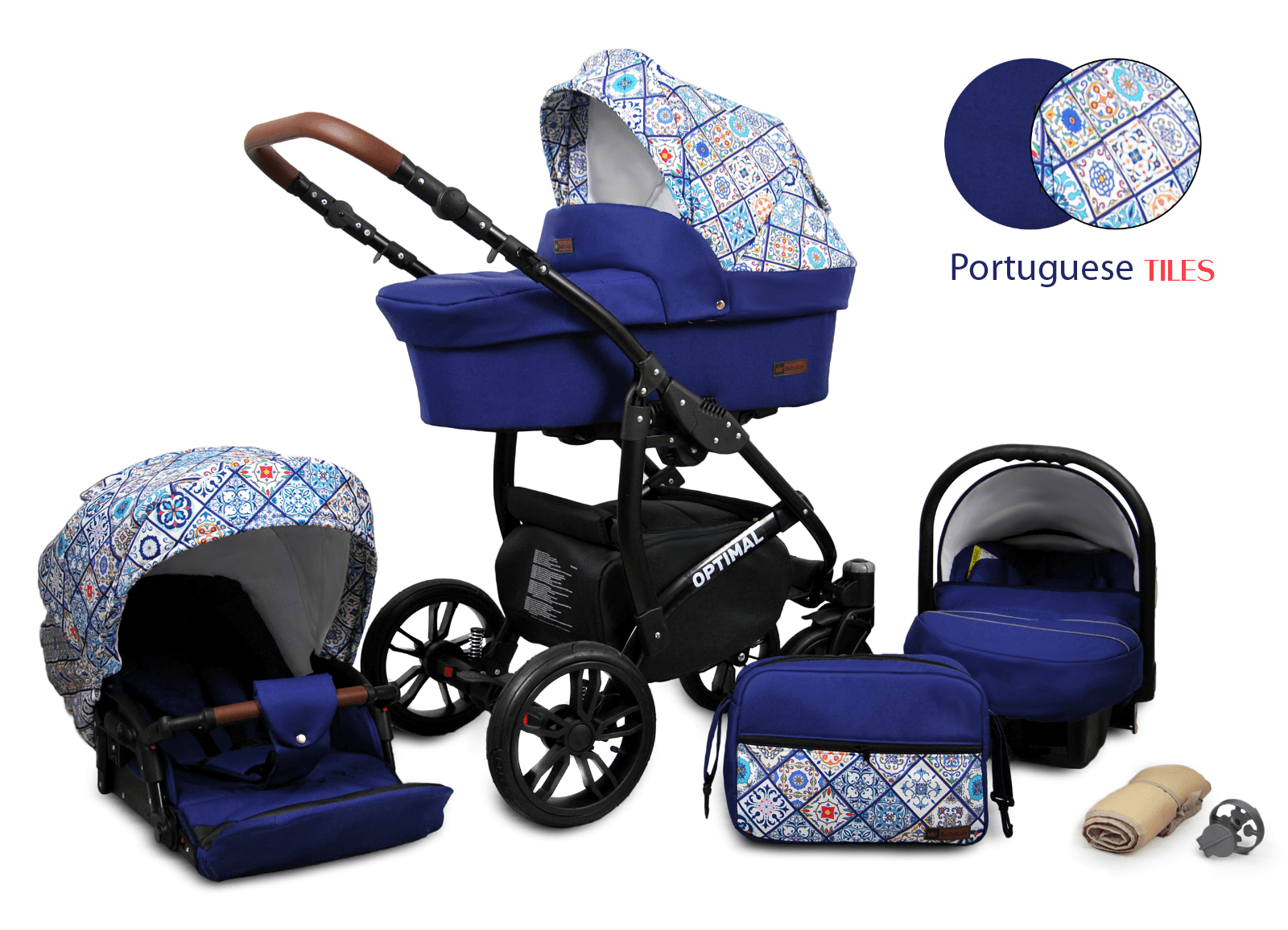 Barnvagn från födseln, sittvagn, 3-i-1, resesystem, pojkar, flickor, ISOFIX-bas - portugisiska plattor - svart ram