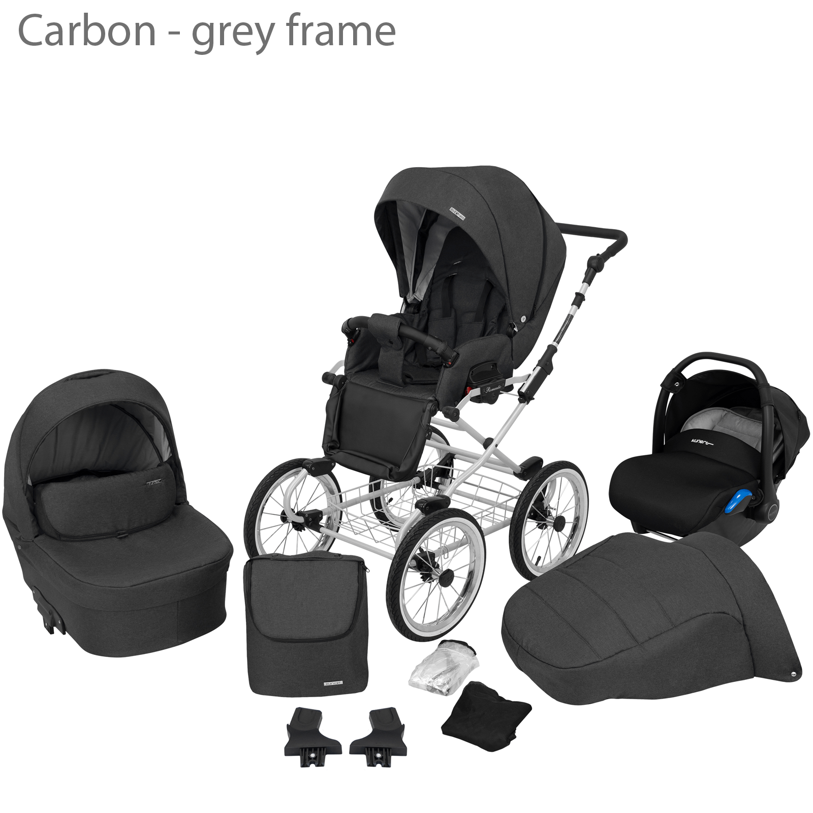 Nuovo set passeggino retrò per neonati, passeggino classico 3 in 1, sistema da viaggio con telaio grigio carbonio.