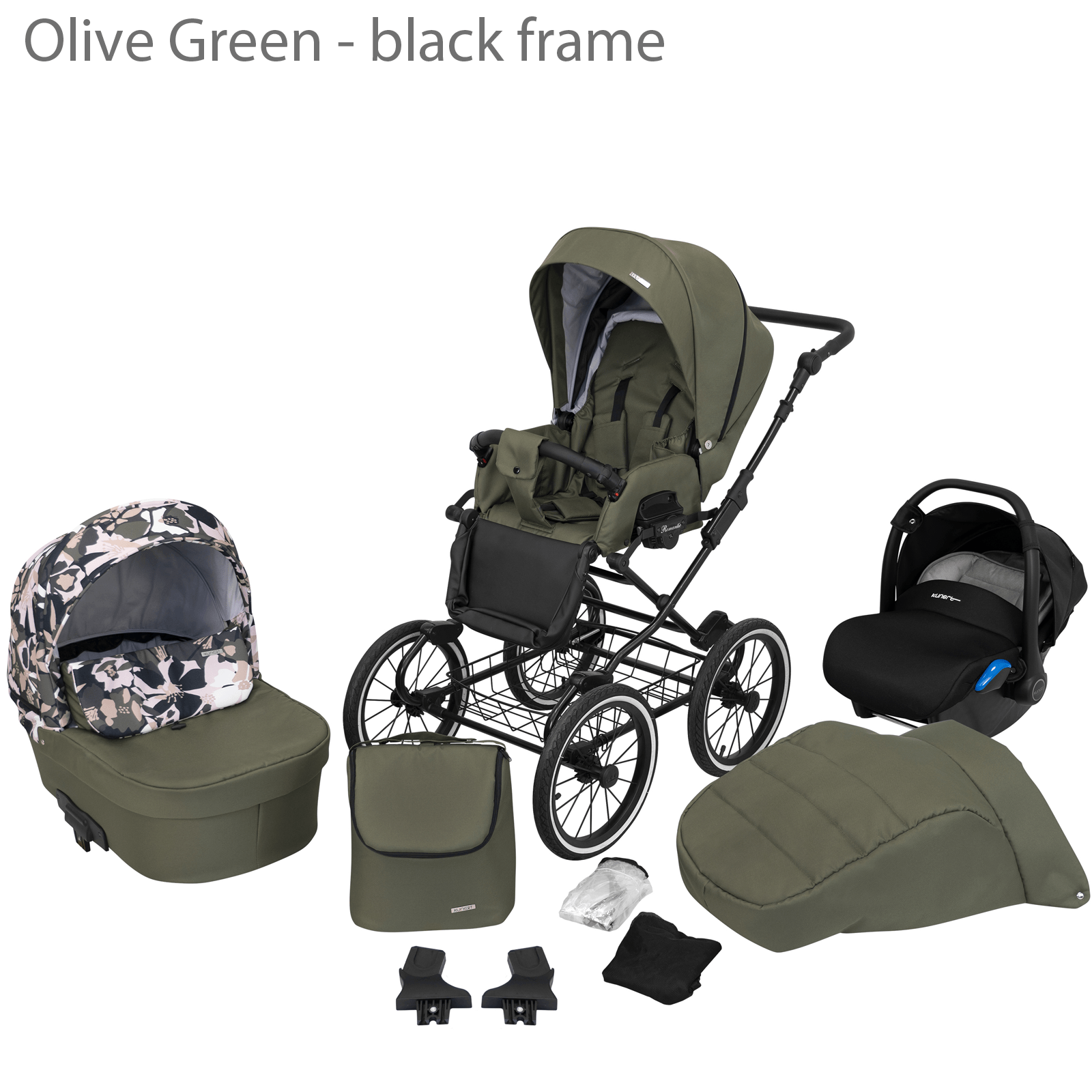 Nuovo set passeggino retrò per neonati, passeggino classico 3 in 1, sistema da viaggio, verde oliva, telaio nero