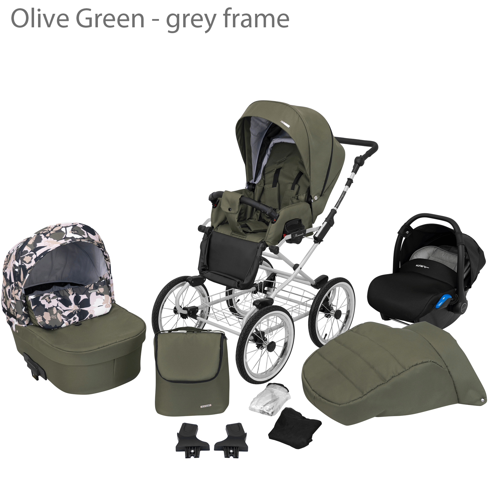 Carrinho de Bebê Novo Estilo Retrô, Conjunto Clássico 3 em 1, Sistema de Viagem, Verde Oliva com Estrutura Cinza