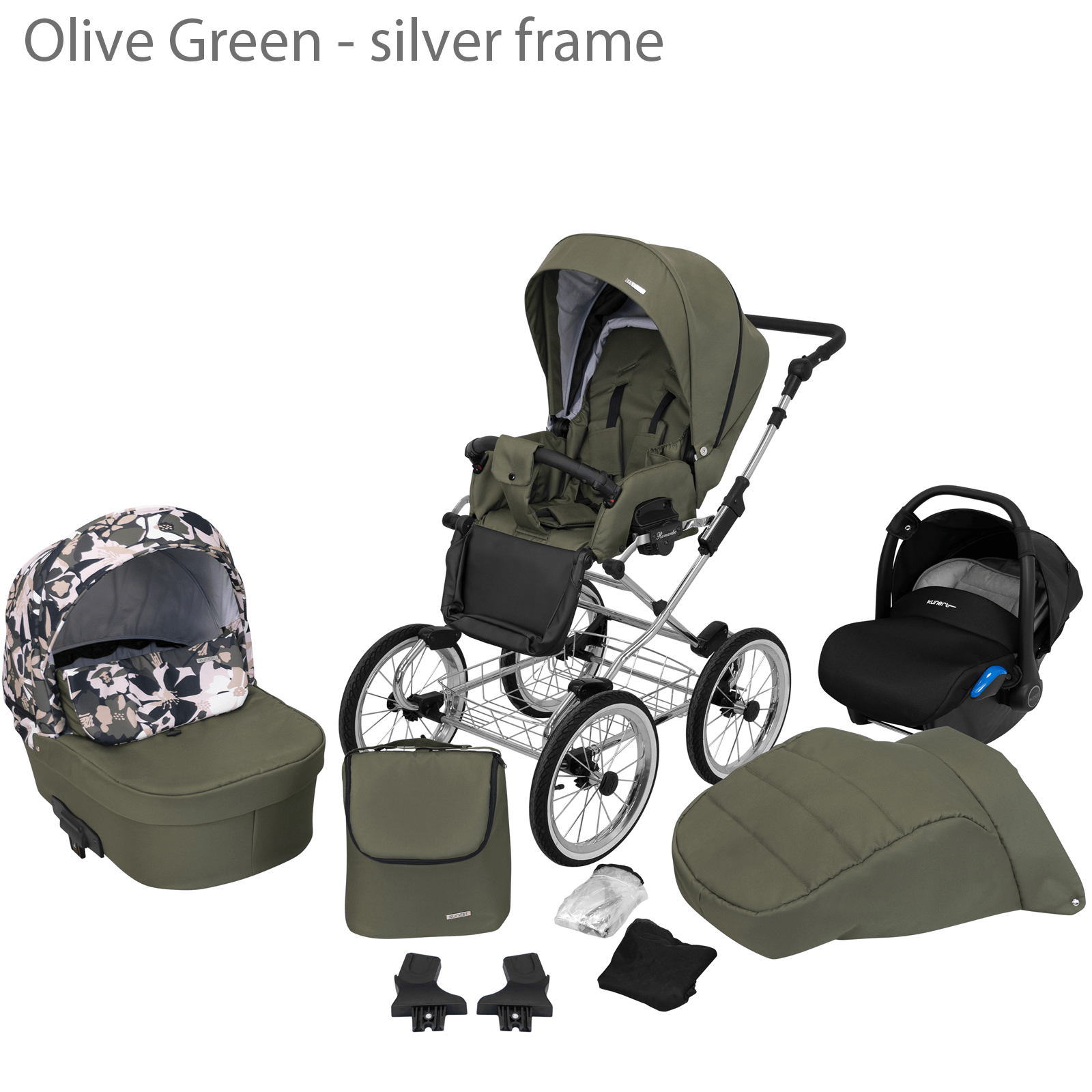 Nuovo set passeggino retrò per neonati, passeggino classico 3 in 1, sistema da viaggio, verde oliva, telaio argento
