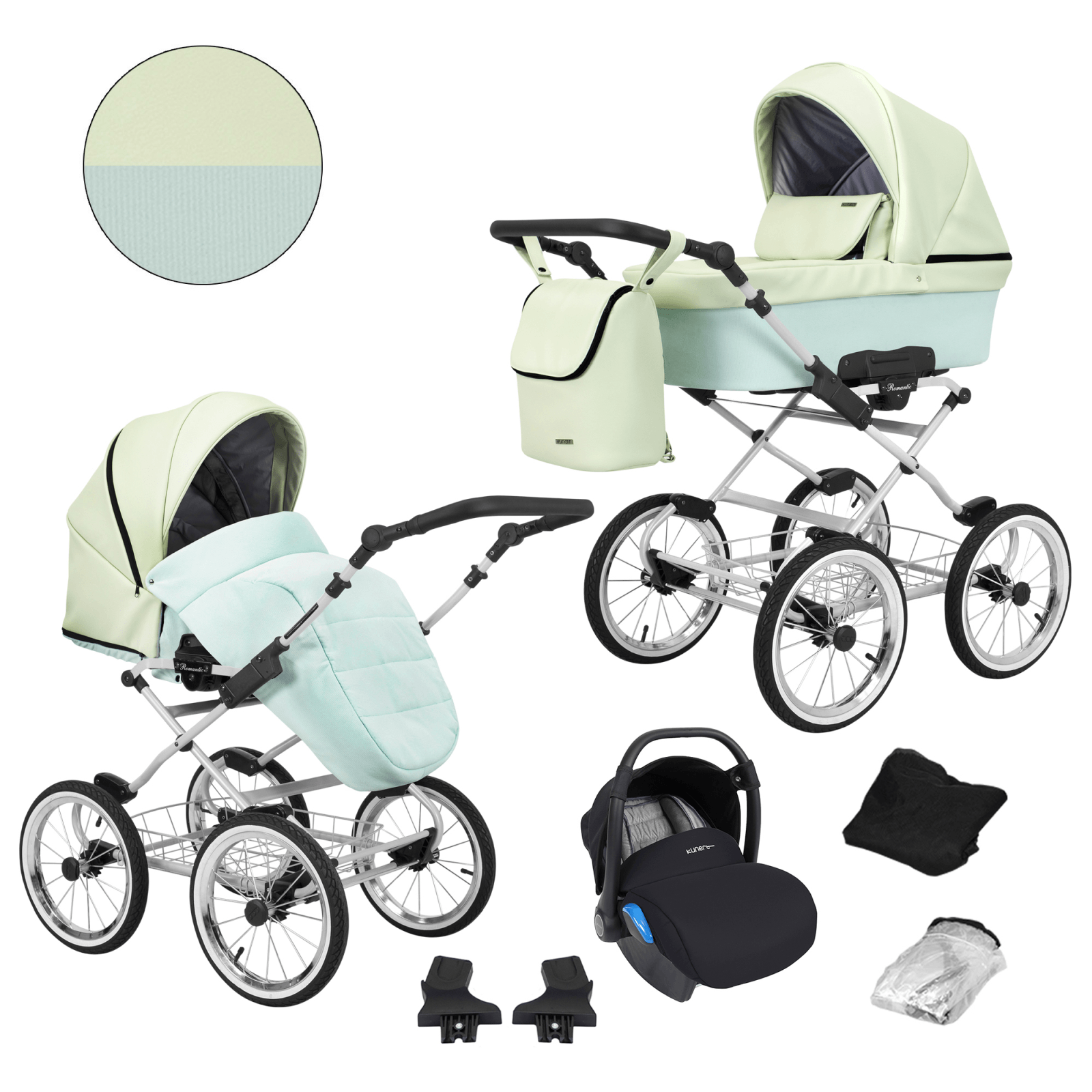 Baby Pram Retro Classic Buggy Set 3in1Travel System Eco Leather -Light Green (grey frame) - Imagem 2
