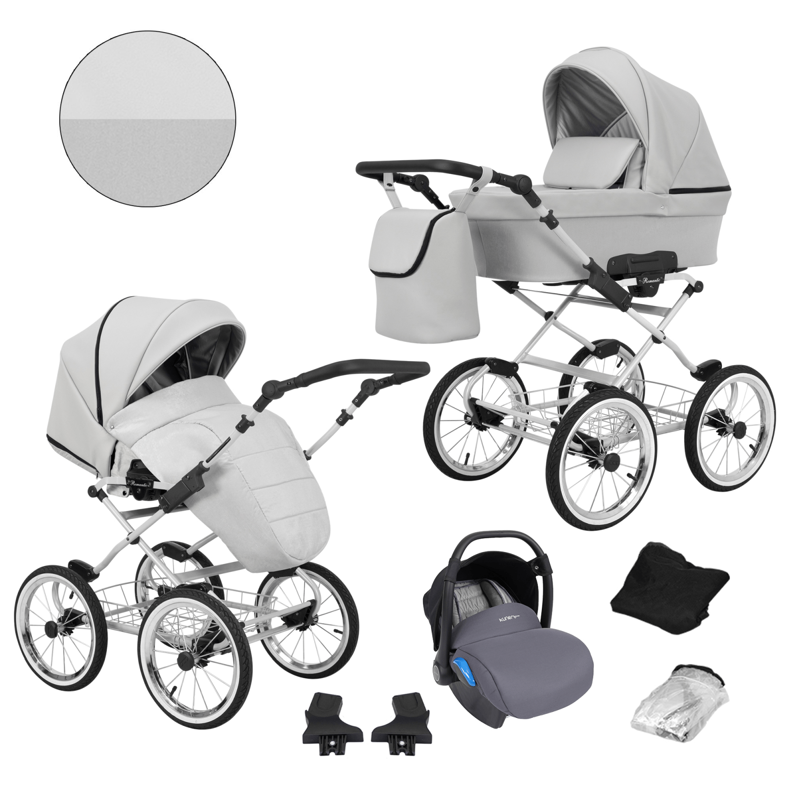 Baby Pram Retro Classic Buggy Set 3in1Travel System Eco Leather -Light Grey (grey frame) - Bild 6