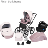 Barnvagn Retro Classic Sittvagnsset 3-i-1 Resesystem Eco Läder - Rosa (svart ram)