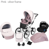 Barnvagn Retro Classic Sittvagnsset 3-i-1 Resesystem Eko Läder - Rosa (silverfärgad ram)