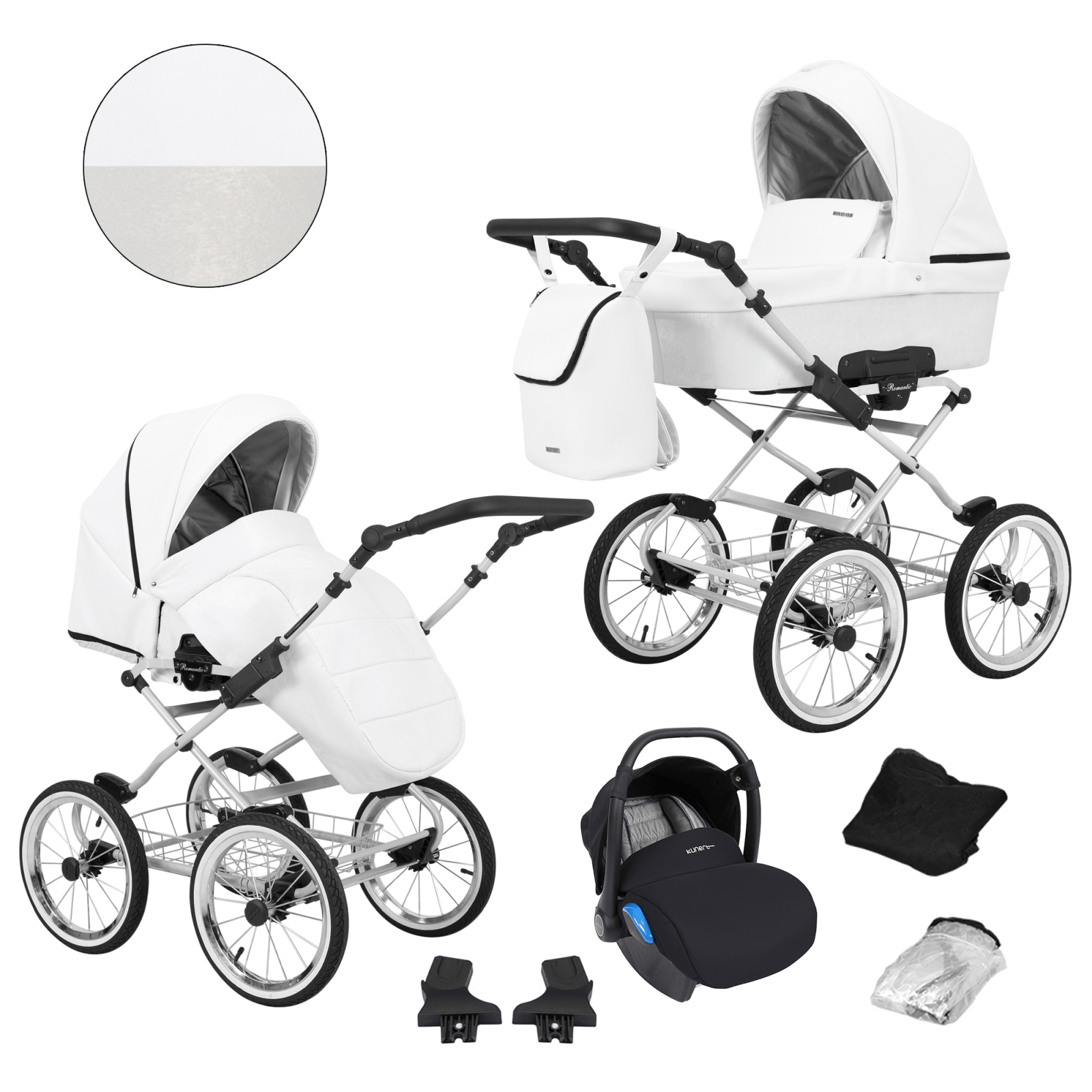 Baby Pram Retro Classic Buggy Set 3in1Travel System Eco Leather - White (grey frame) - Bild 6