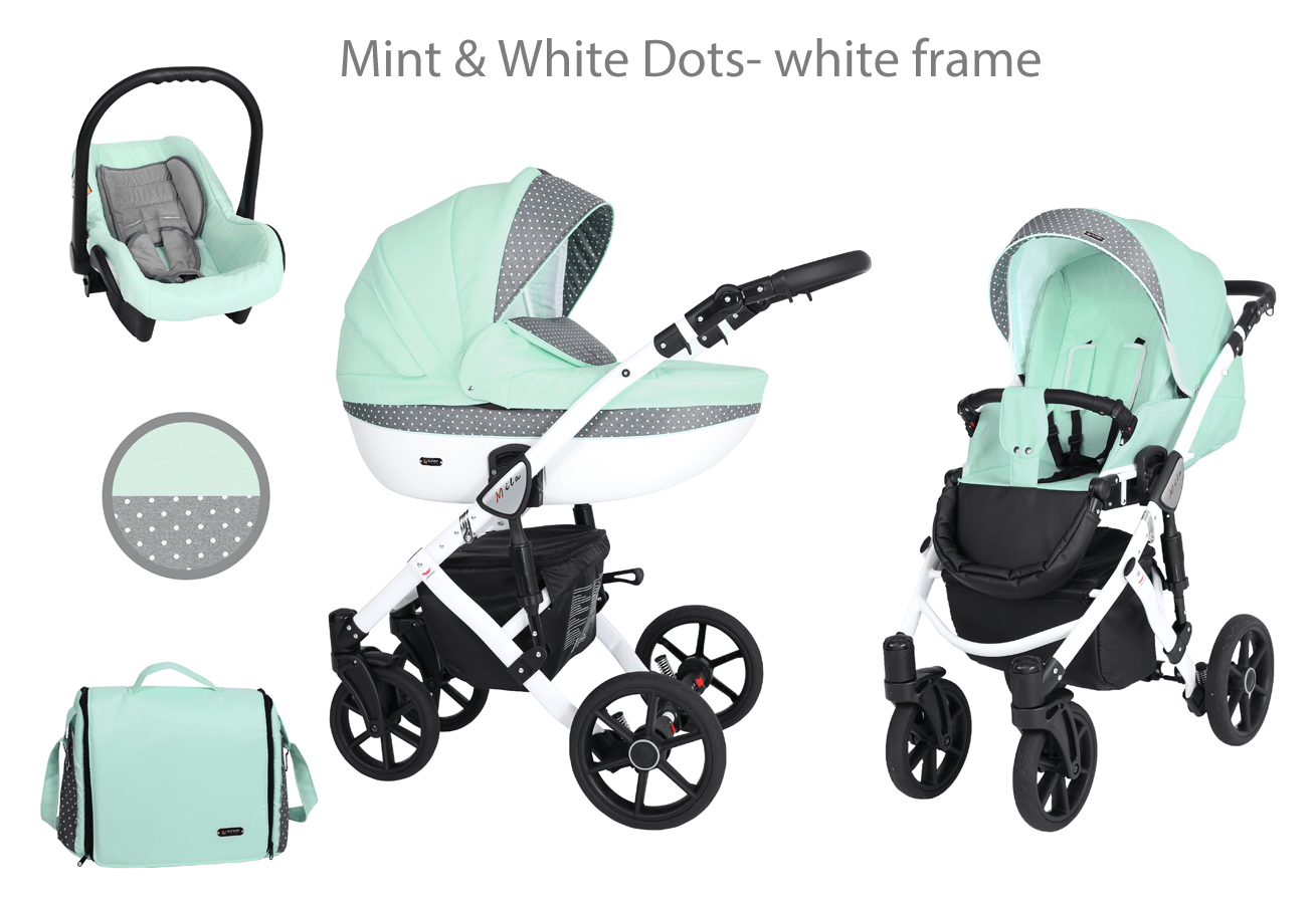 Carrinho de Bebê Sistema de Viagem 3 em 1 com Cadeirinha para Auto, Carrinho Dobrável para Bebê Desde o Nascimento - Verde Menta com Bolinhas Brancas (estrutura branca)
