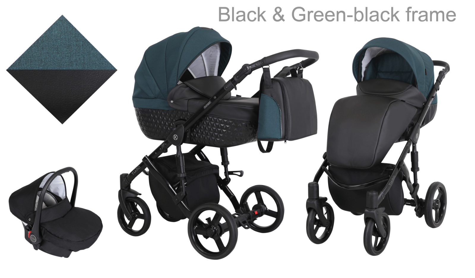 Carrinho de Bebê de Luxo, Leve e com Sistema de Viagem, Inclui Cadeirinha para Auto - Preto e Verde - Estrutura Preta