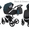Poussette de luxe pour bébé, poussette légère, système de voyage avec siège auto - Noir et vert - cadre blanc