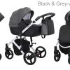 Poussette de luxe pour bébé, landau léger, système de voyage avec siège auto - Noir et gris - cadre blanc