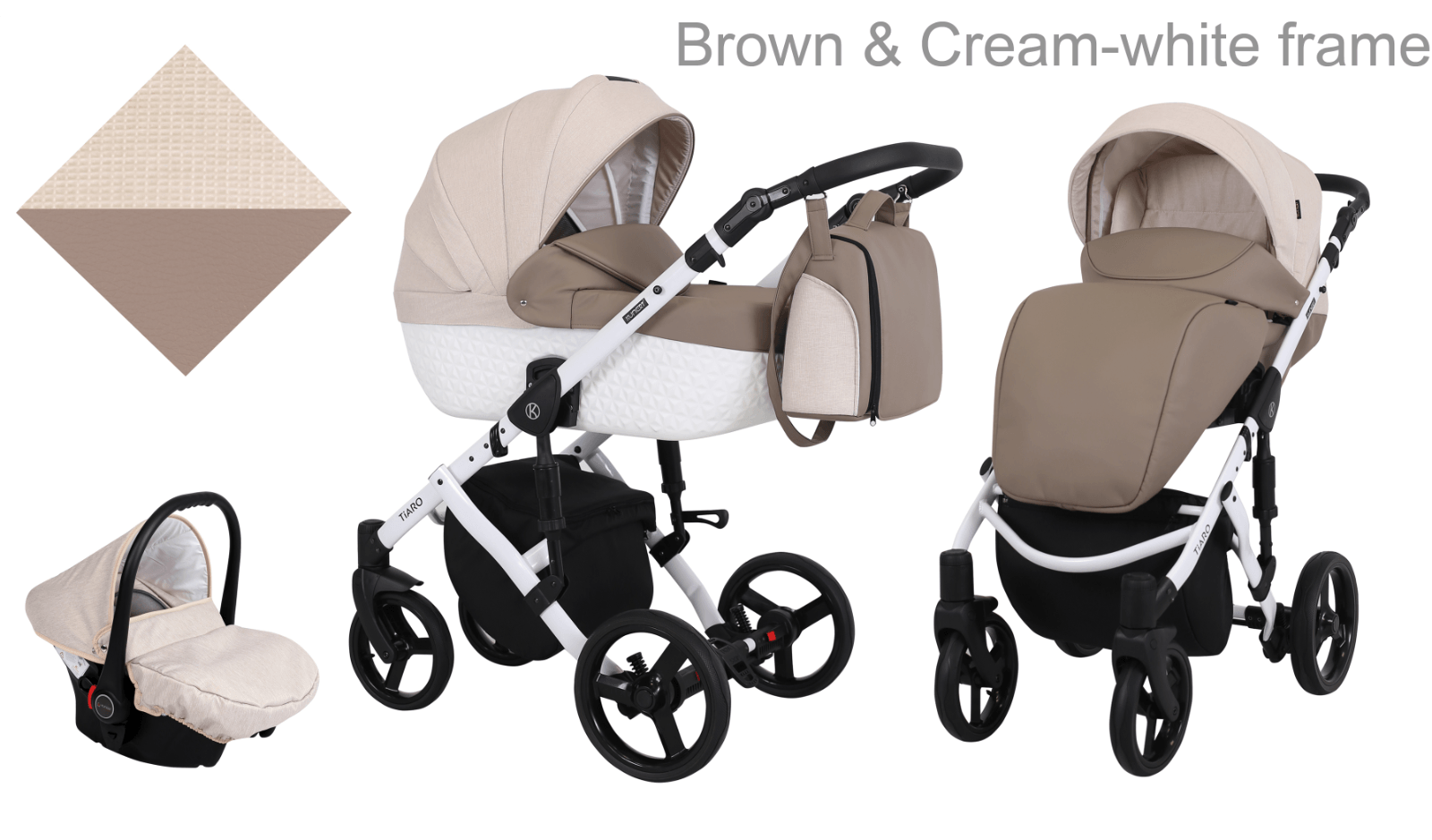 Poussette de luxe pour bébé, poussette légère, système de voyage avec siège auto - Marron et crème - cadre blanc