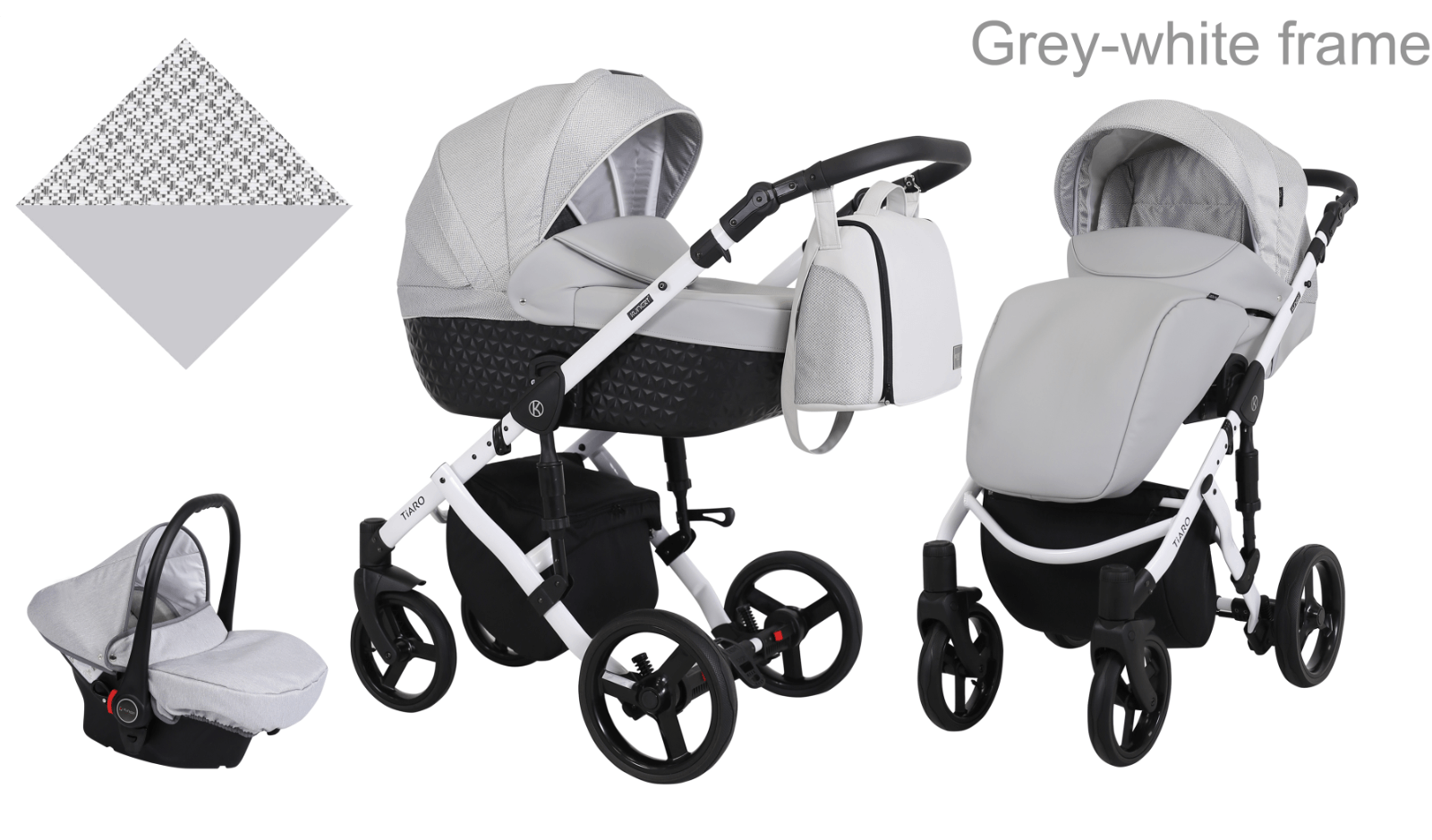 Poussette de luxe pour bébé, poussette légère, système de voyage avec siège auto - Gris - cadre blanc