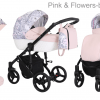 Poussette de luxe pour bébé, poussette légère, système de voyage avec siège auto - Rose et fleurs - cadre noir