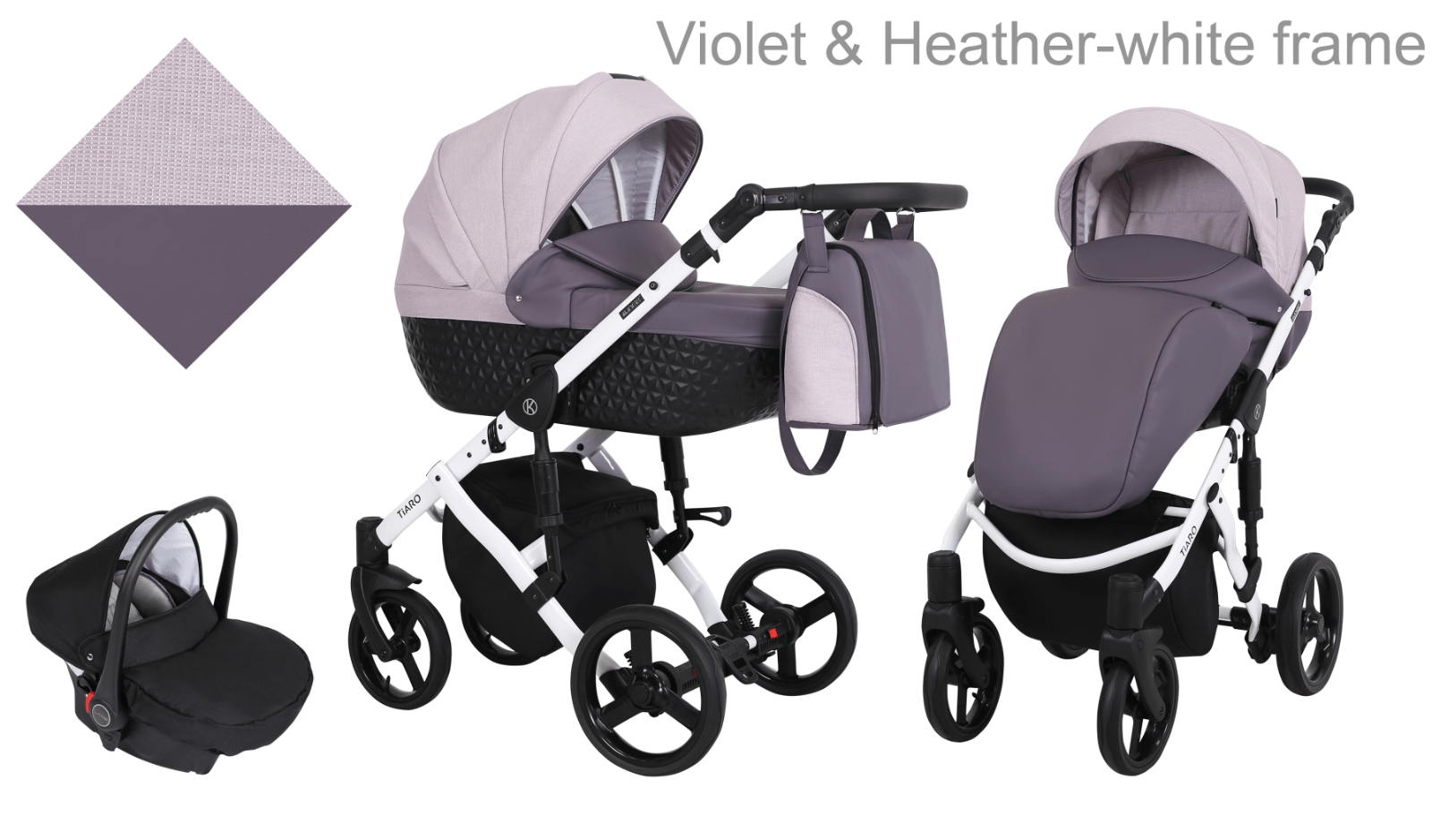 Poussette de luxe pour bébé, poussette légère, système de voyage avec siège auto - Violet et bruyère - cadre blanc