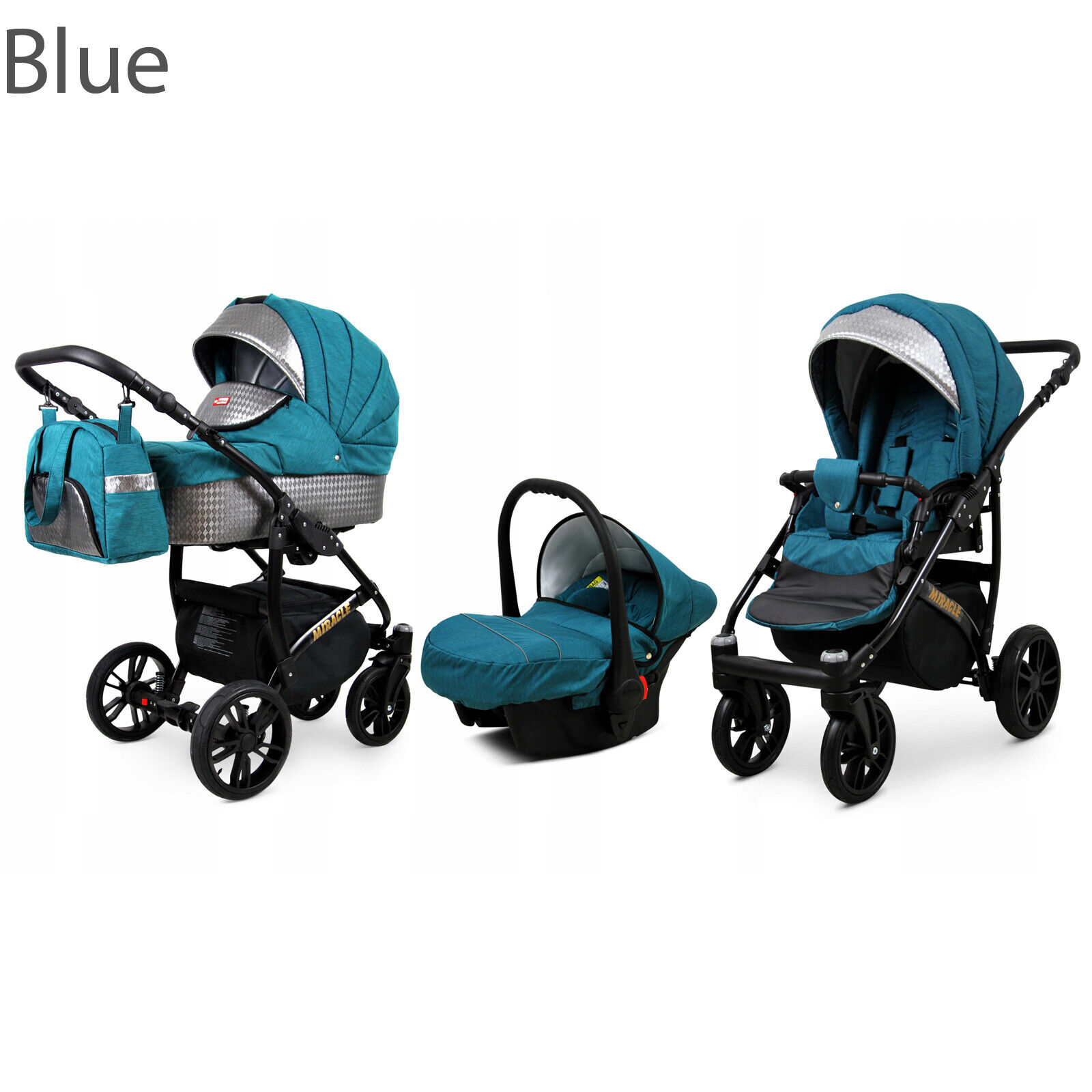 Set passeggino 3 in 1 con seggiolino auto e carrozzina pieghevole per bambini - Blu