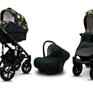 Poussette pliable 3 en 1 réversible pour bébé, coloris noir et fleurs