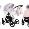 Poussette de luxe pour bébé, poussette légère, système de voyage avec siège auto - Rose et fleurs - cadre blanc