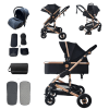 Système de voyage 3 en 1 pour bébé, poussette, coloris noir et or luxueux, avec siège auto et sac de transport inclus (en promotion).