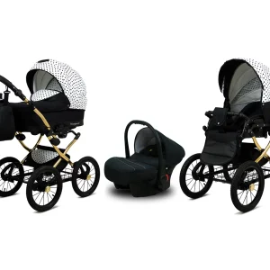 Black Dots Pram Pushchair 3 in 1 – BabyLux Margaret Gold Travel System with Car Seat