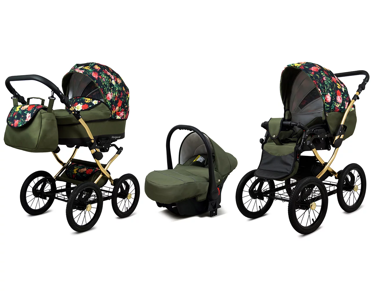 Roses With Tulips Pram Pushchair 3 in 1 – BabyLux Margaret Gold Travel System with Car Seat