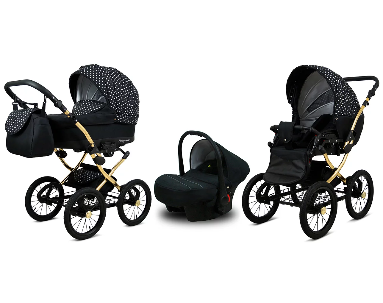 White Dots Pram Pushchair 3 in 1 – BabyLux Margaret Gold Travel System with Car Seat