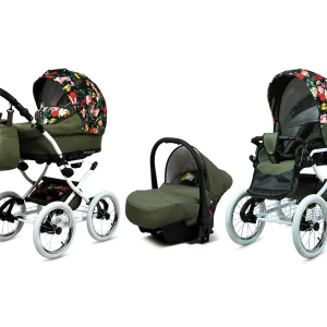 Roses With Tulips On Black Pram Pushchair 3 in 1 – BabyLux Margaret White Travel System with Car Seat