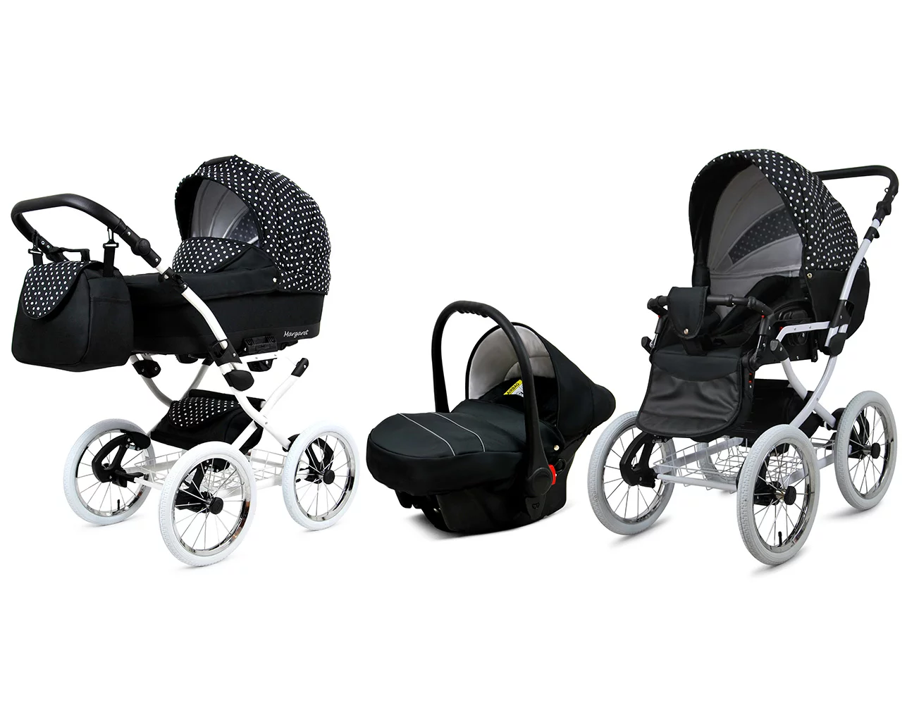 White Dots Pram Pushchair 3 in 1 – BabyLux Margaret White Travel System with Car Seat