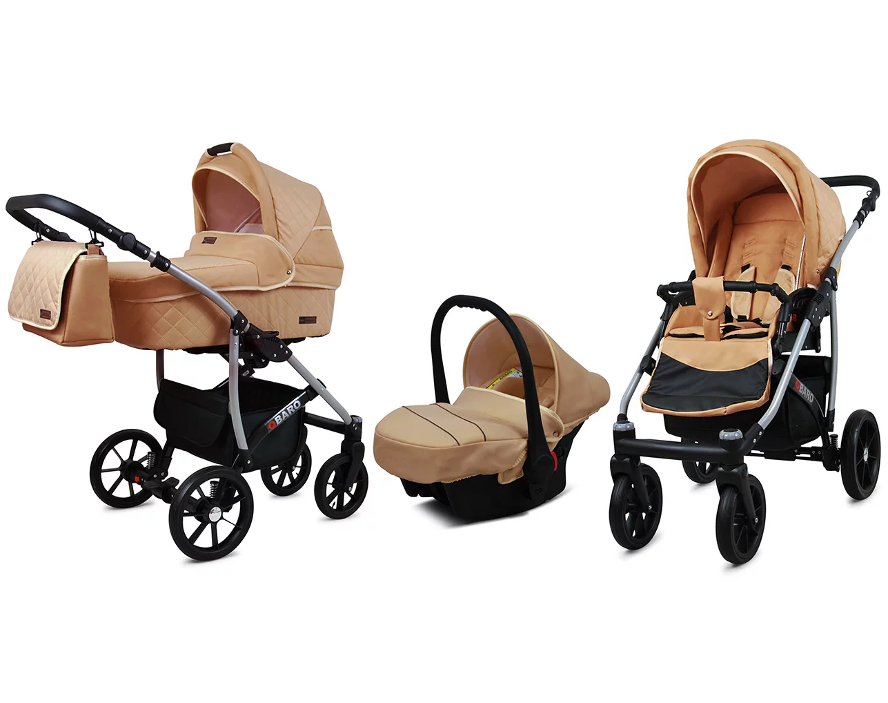 Beige Pram Pushchair 3 in 1 – BabyLux Qbaro Travel System with Car Seat