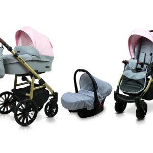 Light Pink Pram Pushchair 3 in 1 – BabyLux Aspero Travel System with Car Seat