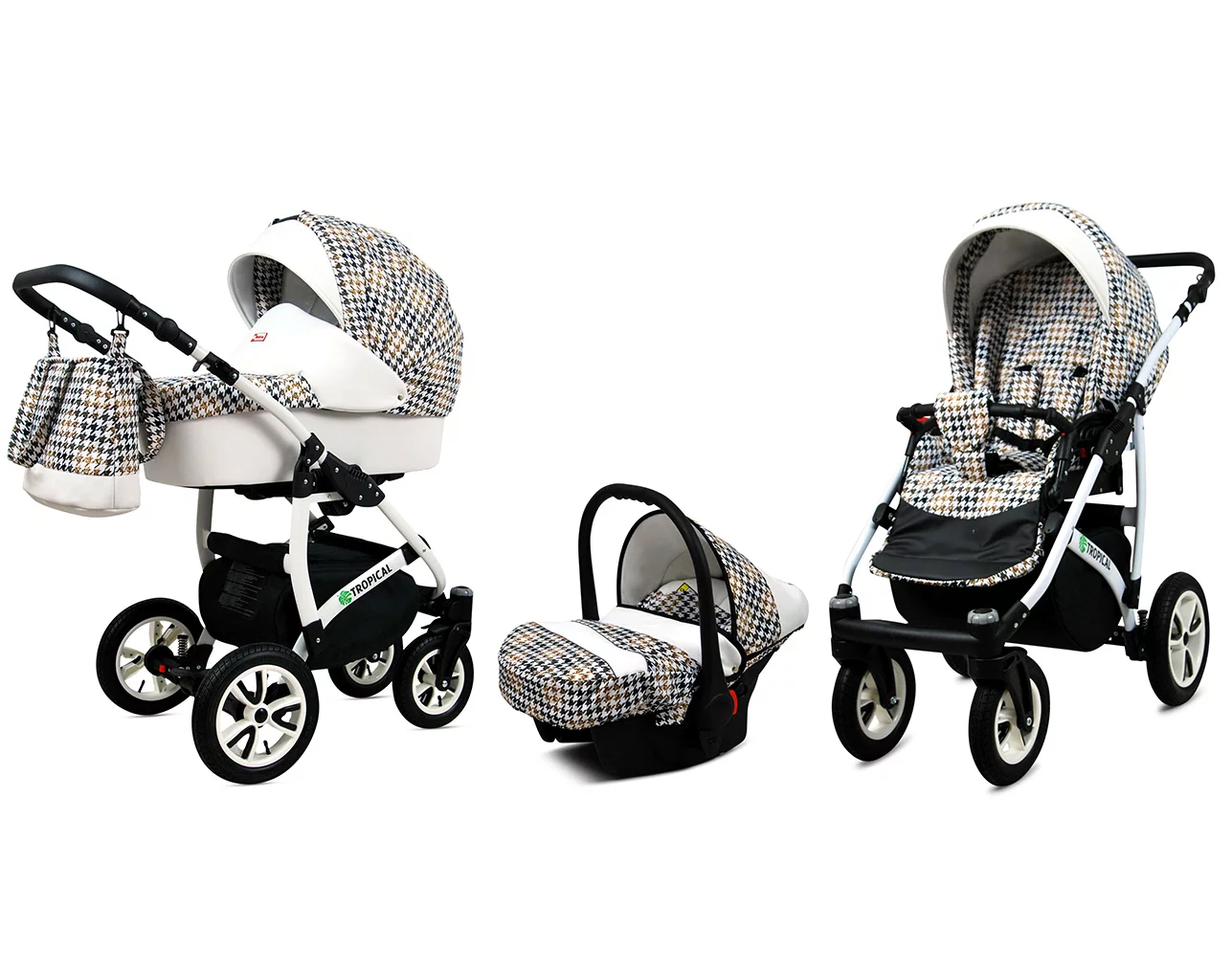 Cărucior și scaun auto de lux 3 în 1 - Cărucior și scaun auto Tropical Pram de la Babylux - Cu model Houndstooth auriu și negru