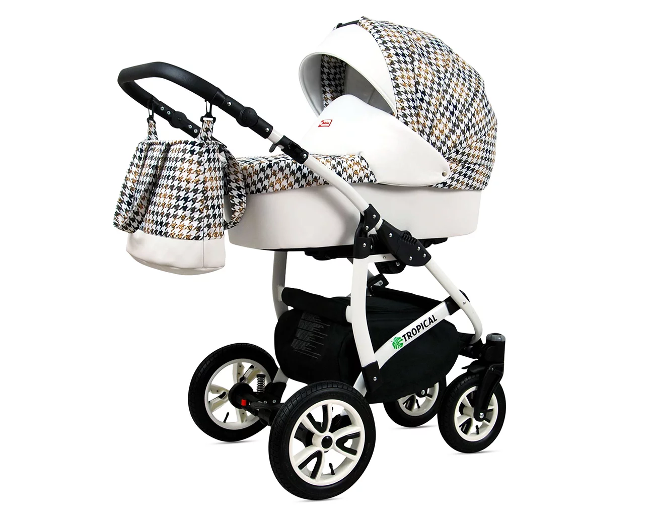 3 in 1 Luxury Stroller and Car Seat - Tropical Pram Pushchair and Car seat by Babylux- In Gold And Black Houndstooth - imagine 2
