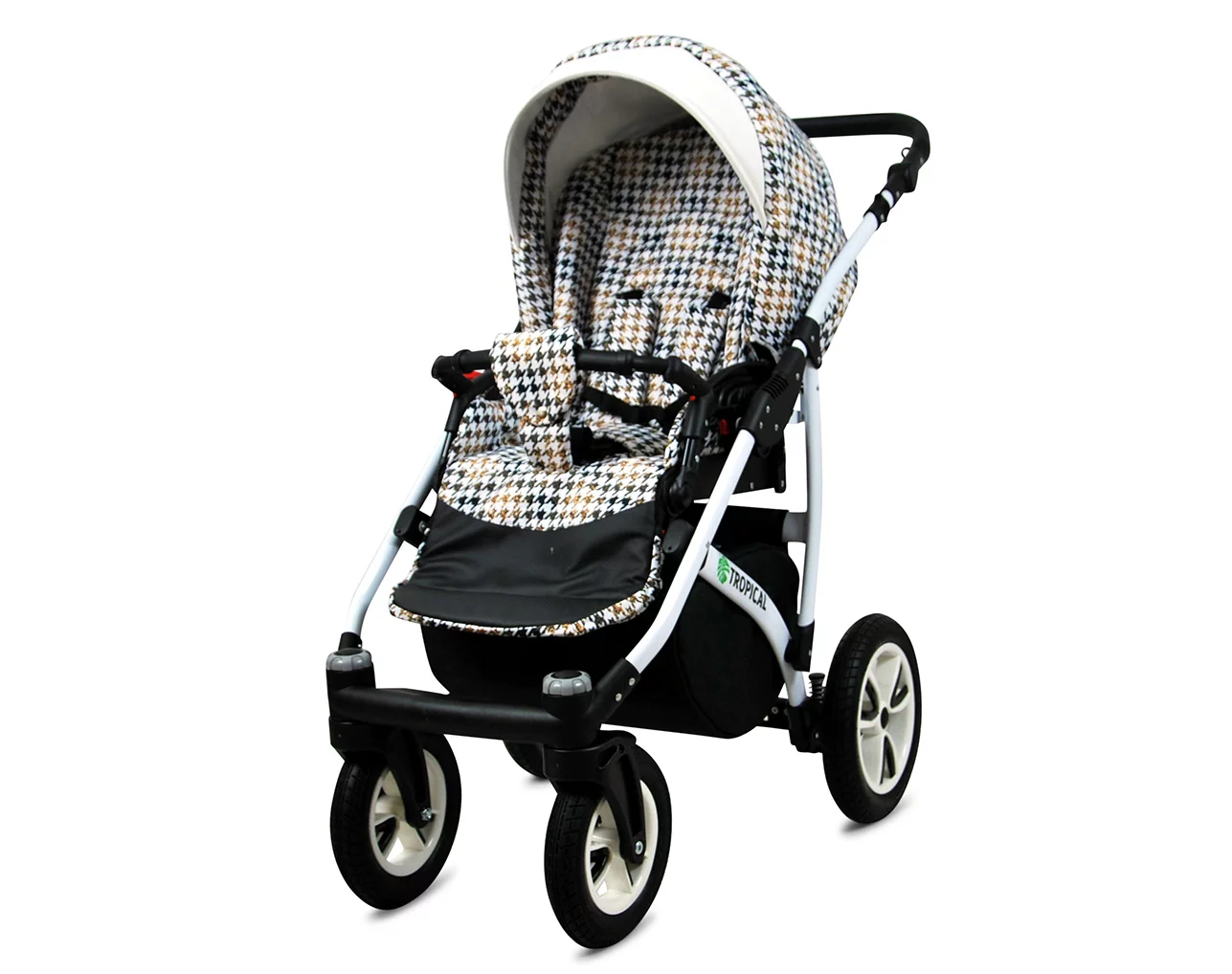 3 in 1 Luxury Stroller and Car Seat - Tropical Pram Pushchair and Car seat by Babylux- In Gold And Black Houndstooth - imagine 3