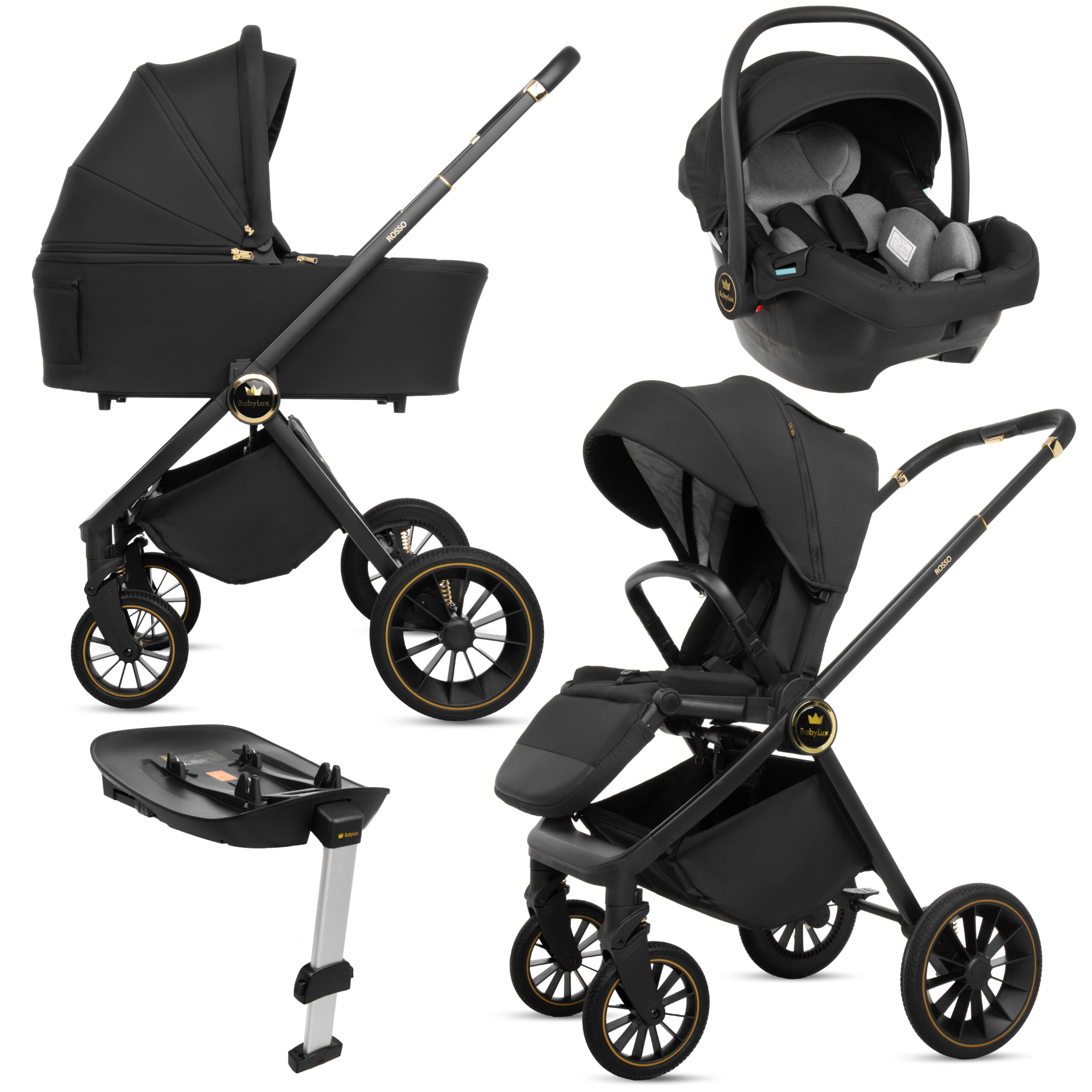 Black Pram Pushchair 3 in 1 – BabyLux New Rosso Luxury Travel System with Car Seat