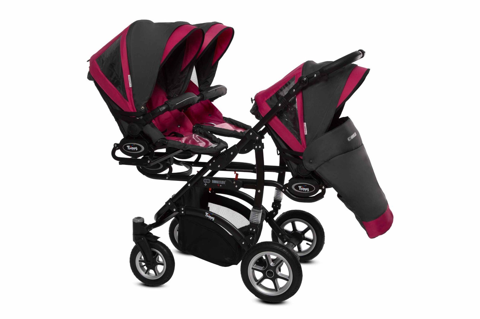 Amarant Purple Triple Pram Pushchair 3 Seater from Birth – BabyActive Trippy Triplet Travel System Full Set - Afbeelding 2