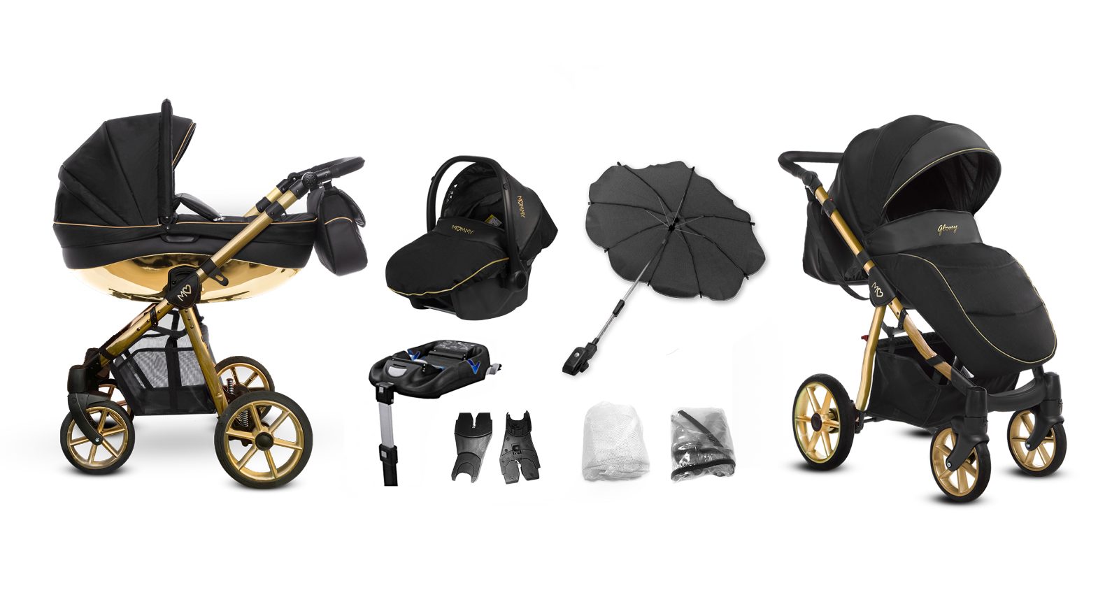 Gold Trim Pram Pushchair 3 in 1 – BabyActive Mommy Glossy Black Travel System with Car Seat - Obrázek 8
