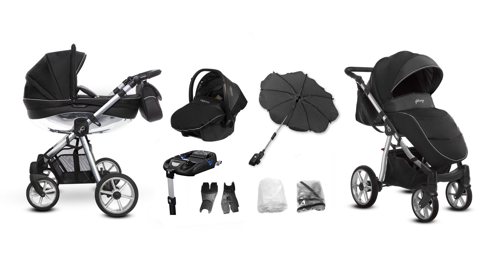 Silver Trim Pram Pushchair 3 in 1 – BabyActive Mommy Glossy Black Travel System with Car Seat - Imagen 8