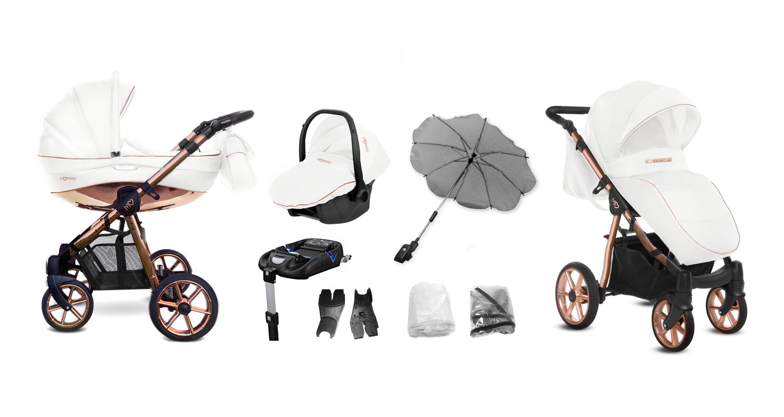 Silver Trim Pram Pushchair 3 in 1 – BabyActive Mommy Glossy White Travel System with Car Seat - obrazek 8
