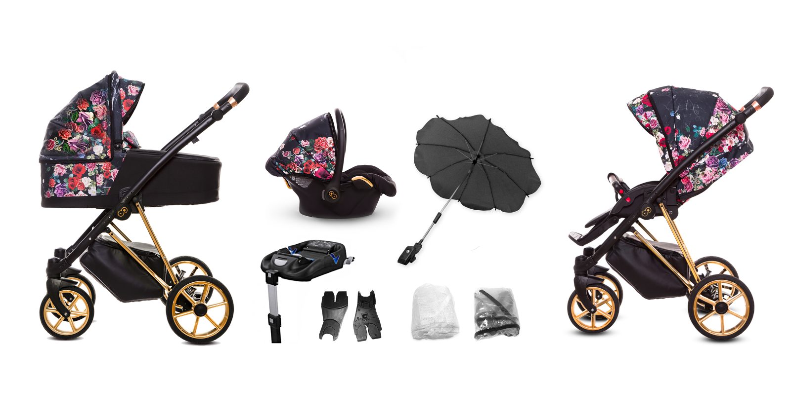 Dark Rose Pattern Pram Pushchair 4 in 1 – BabyActive Musse Rose Travel System with Car Seat & Isofix Base - Εικόνα 7