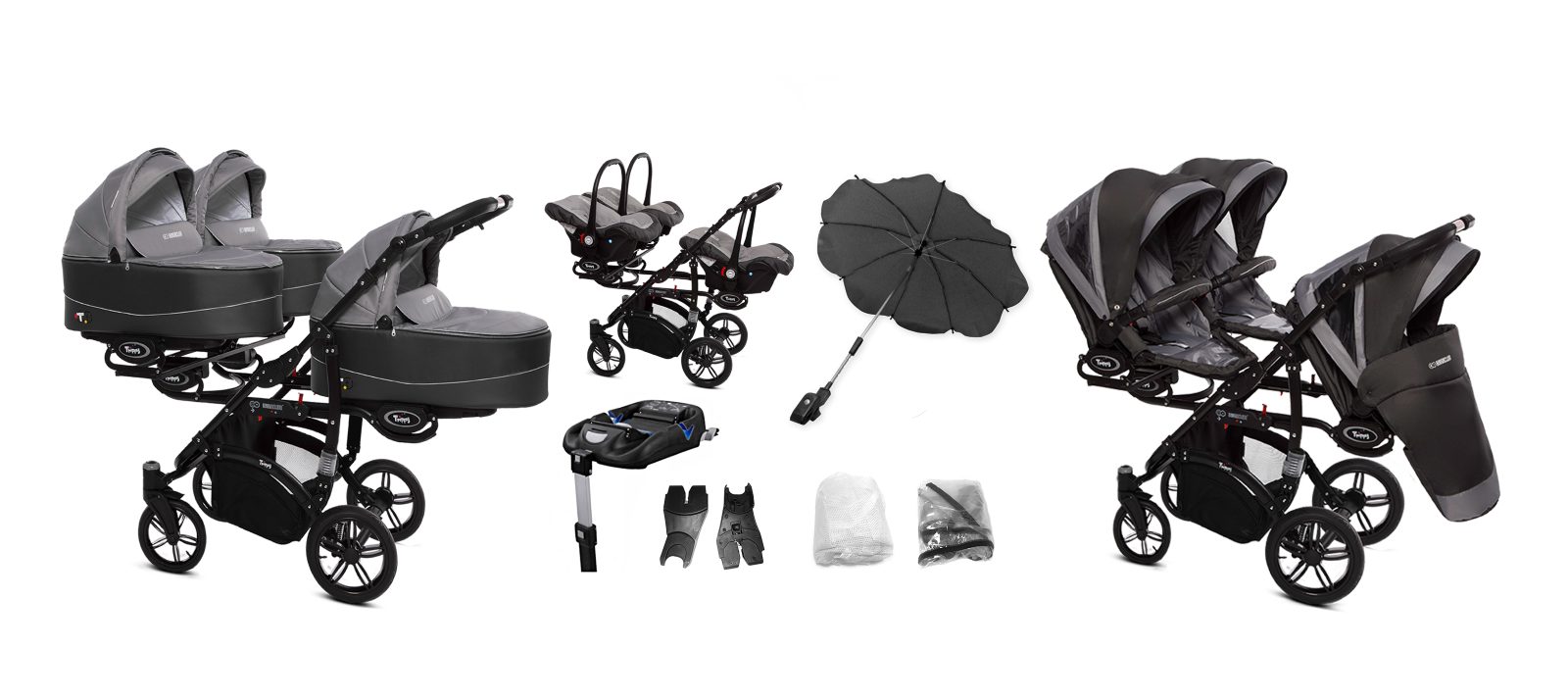 Silver Triple Pram Pushchair 3 Seater from Birth – BabyActive Trippy Triplet Travel System Full Set - Εικόνα 9