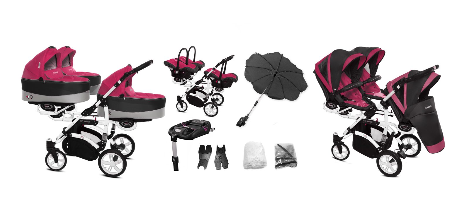 Amarant Purple Triple Pram Pushchair 3 Seater from Birth – BabyActive Trippy Triplet Travel System Full Set - Afbeelding 10