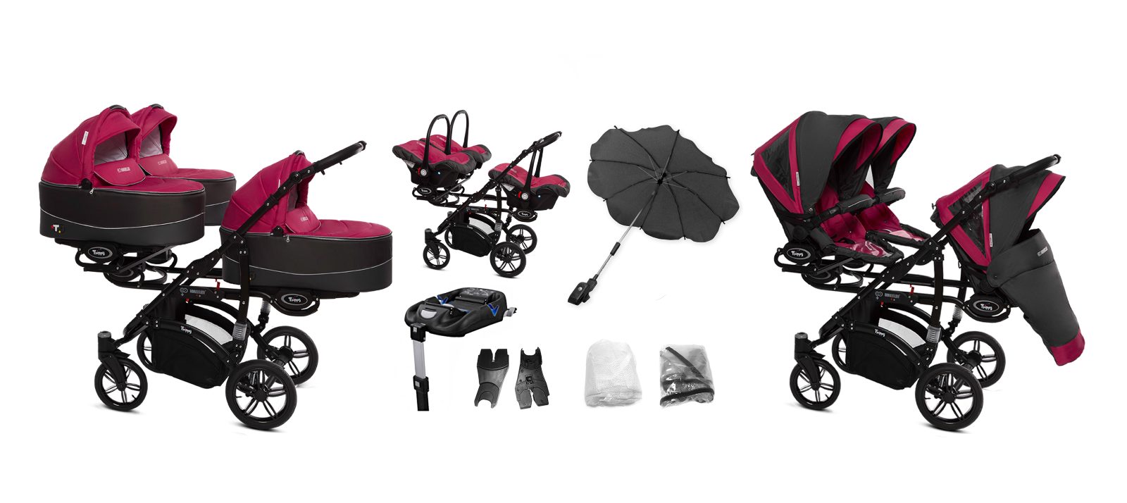 Amarant Purple Triple Pram Pushchair 3 Seater from Birth – BabyActive Trippy Triplet Travel System Full Set - Afbeelding 9