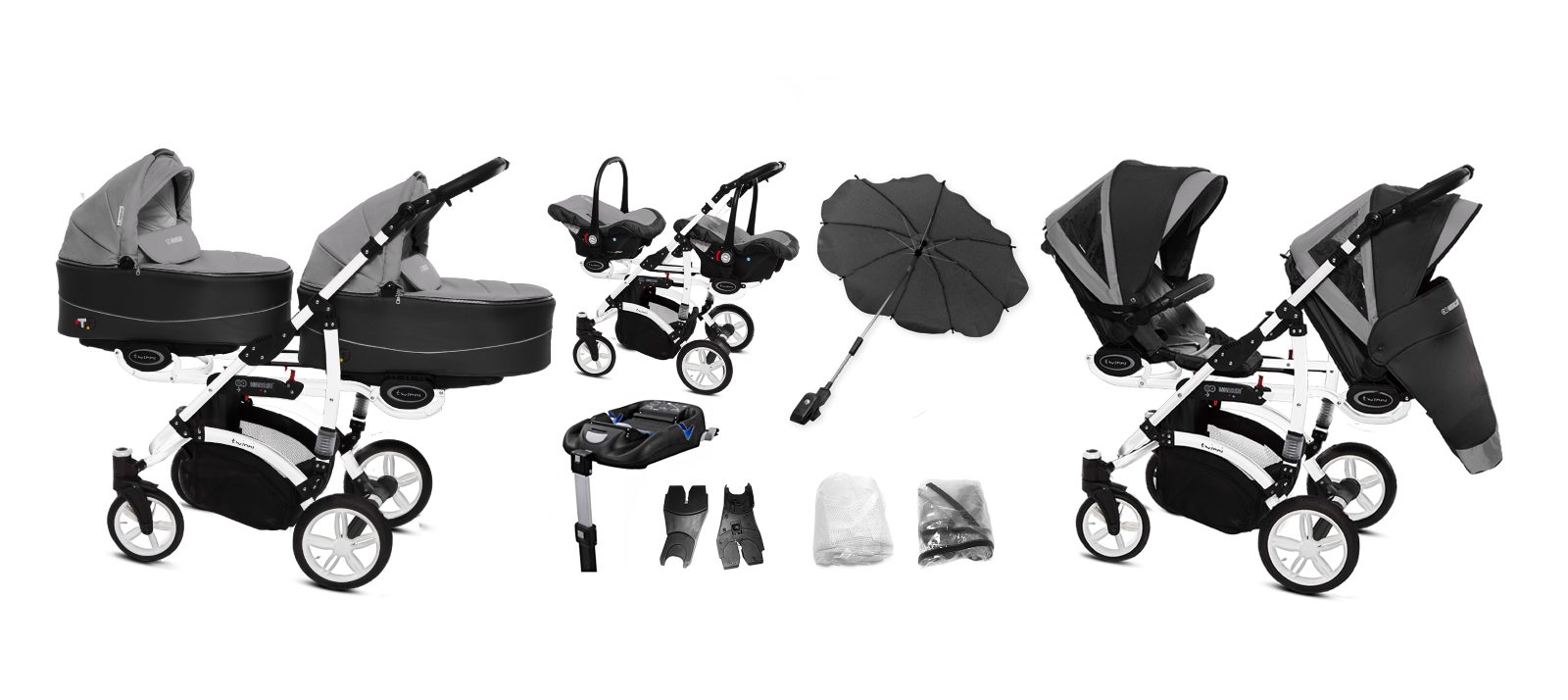 Silver Twin Pram Pushchair 3 in 1 – BabyActive Twinni Travel System with Car Seat - 6 kép