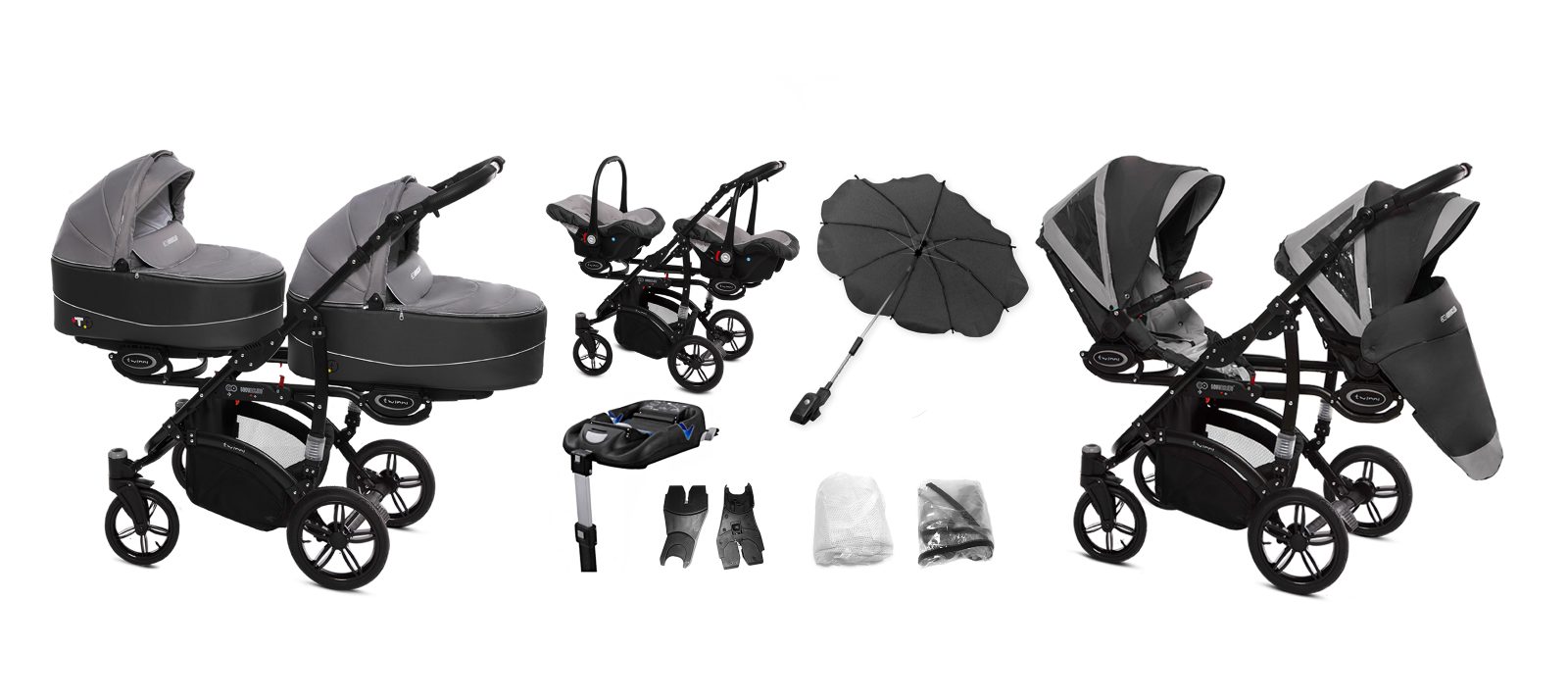 Silver Twin Pram Pushchair 3 in 1 – BabyActive Twinni Travel System with Car Seat - 7 kép